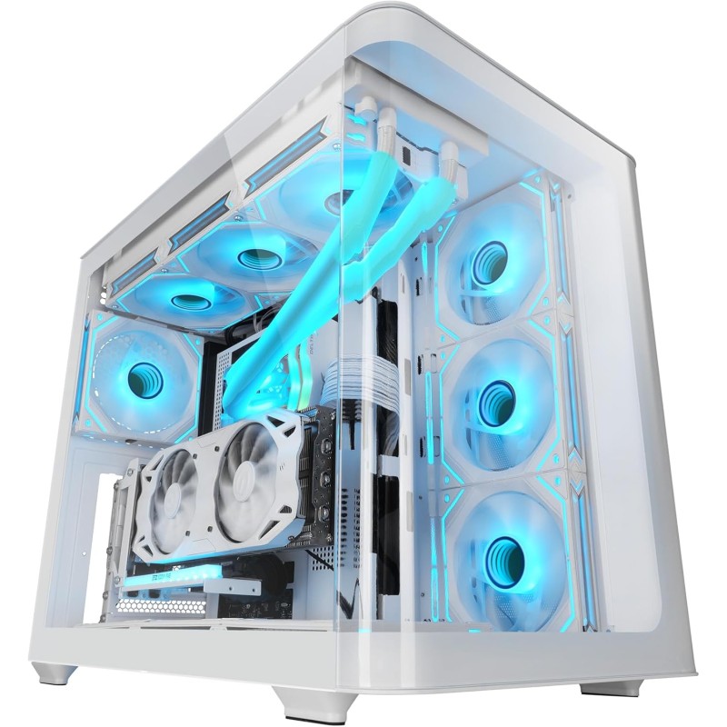 Mars Gaming MC-FUSION, Boîtier Gaming ATX, Fenêtre Latérale Complète et Façade Verre Trempé Courbé Continu, Semi-Tour PC Double 