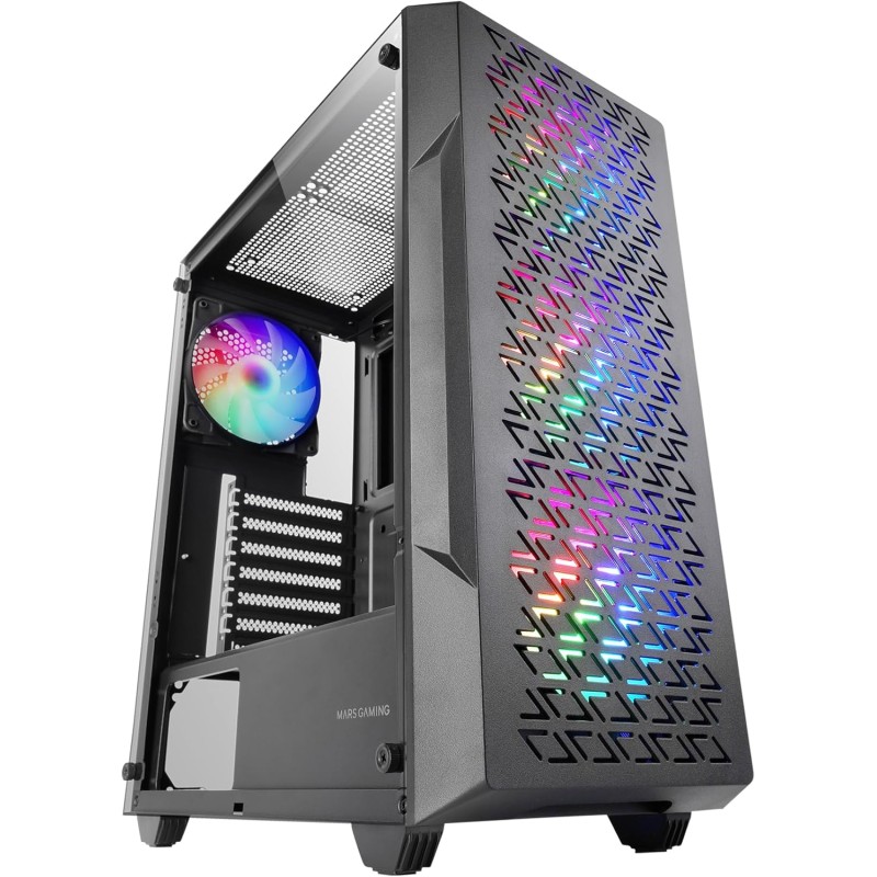 Mars Gaming MC-GEO, Boîtier Gaming ATX, 4X Ventilateurs FRGB Rainbow 12cm, Panneau Avant Mesh Géométrique, Fenêtre Verre Trempé,