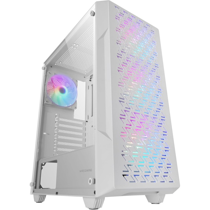 Mars Gaming MC-GEO, Boîtier Gaming ATX, 4X Ventilateurs FRGB Rainbow 12cm, Panneau Avant Mesh Géométrique, Fenêtre Verre Trempé,