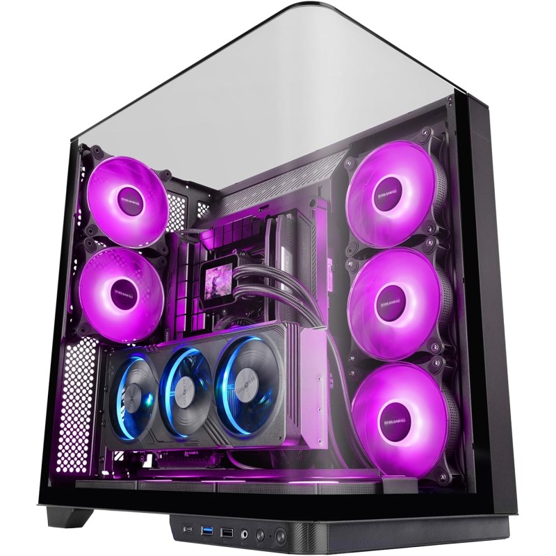 Mars Gaming MC-INFINIO, Boîtier Gaming ATX, Verre Trempé Courbé sans Cadre, 2X Ventilateurs ARGB 120mm, Montage Vertical Cartes 