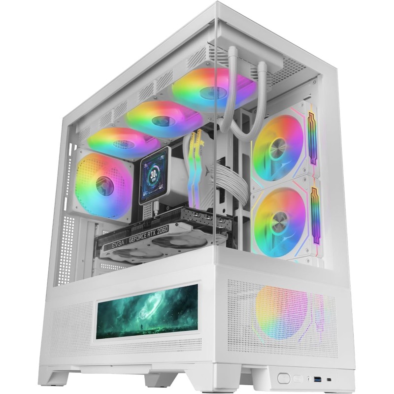 Mars Gaming MC-LCDX, Boîtier Gaming ATX, Écran IPS 9.16" et Connexion HDMI, Verre Trempé Continu, Panneau Inférieur Full Mesh, D