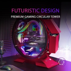 Mars Gaming MCORB Rouge, Boîtier PC Gaming Micro-ATX XL, Design Circulaire Custom, Double Vitrage Trempé