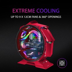 Mars Gaming MCORB Rouge, Boîtier PC Gaming Micro-ATX XL, Design Circulaire Custom, Double Vitrage Trempé