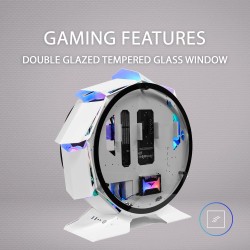 Mars Gaming MCORB Blanc, Boîtier PC Gaming Micro-ATX XL, Design Circulaire Custom, Double Vitrage Trempé