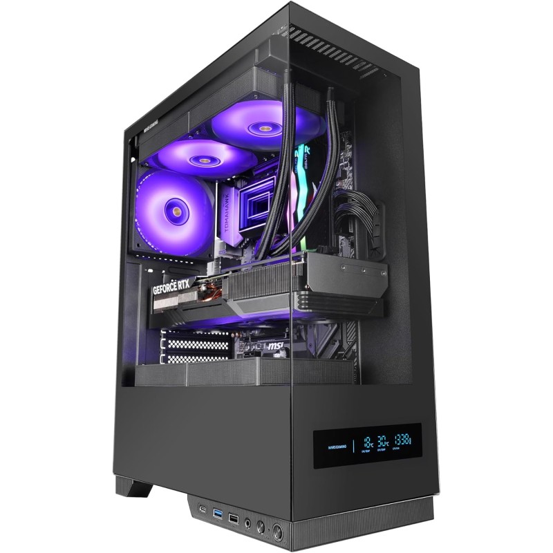 Mars Gaming MC-Pulsar, Boîtier Gaming ATX, Écran LCD Frontal en Temps réel, Double Verre Trempé Frontal et Latéral, Système de C