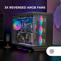 Mars Gaming MC-REV, Boîtier Gaming ATX, Double Verre Trempé, 3X Ventilateurs ARGB Inversés 12cm, Montage Vertical Cartes Graphiq