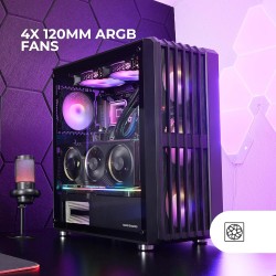Mars Gaming MC-VAULT, Boîtier Gaming ATX, 4x Ventilateurs ARGB 120mm, Panneau Avant Mesh avec Design Vertical, Fenêtre Latérale 