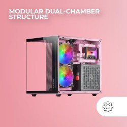 Mars Gaming MC-View, Boîtier Mini-Tour Gaming Micro-ATX, Verre Trempé 90° sans Cadre, Structure Modulaire Double Chambre, Suppor