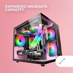 Mars Gaming MC-View, Boîtier Mini-Tour Gaming Micro-ATX, Verre Trempé 90° sans Cadre, Structure Modulaire Double Chambre, Suppor