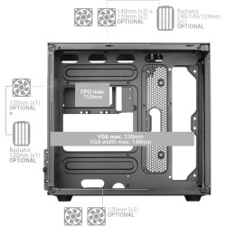 Mars Gaming MC-View, Boîtier Mini-Tour Gaming Micro-ATX, Verre Trempé 90° sans Cadre, Structure Modulaire Double Chambre, Suppor