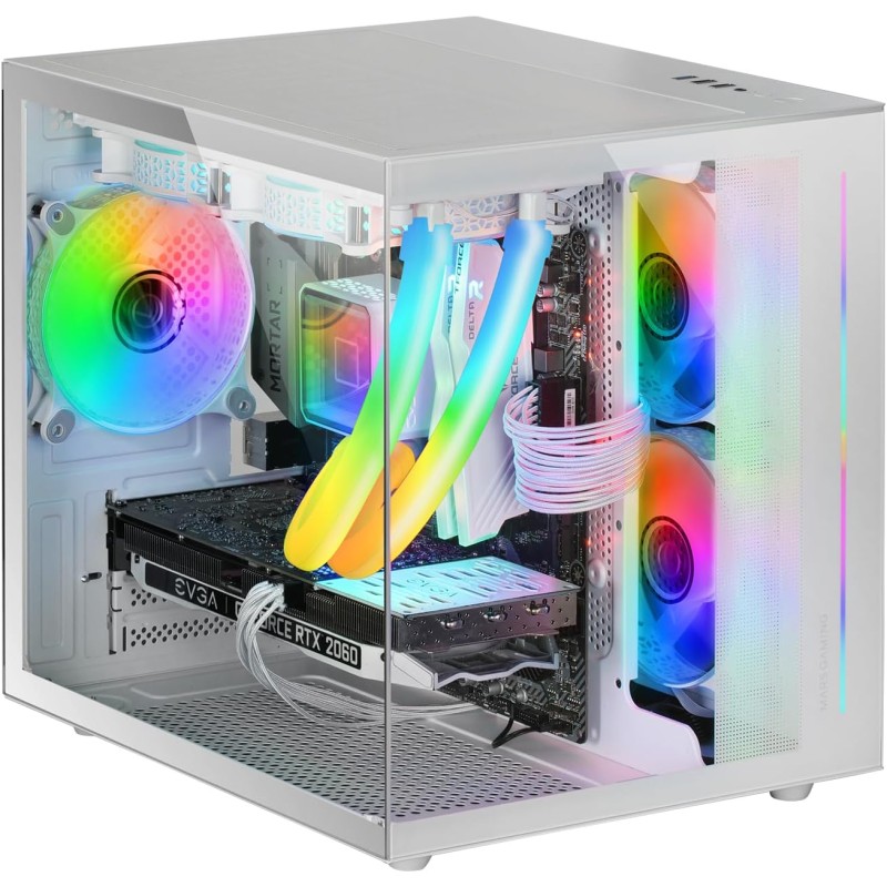 Mars Gaming MCVIEWW, Boîtier PC Gaming Micro-ATX avec Verre Trempé Continu 90º, Mini Tour avec Double Chambre, Support Refroidis
