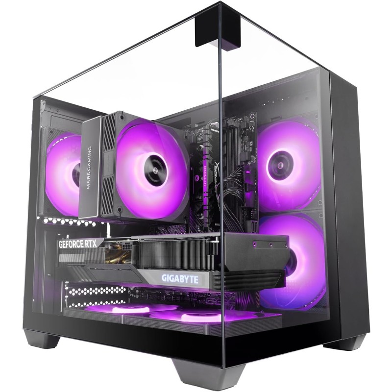 Mars Gaming MC-VISIONM, Boîtier Gaming Compact MicroATX, Triple Verre Trempé, Structure Double Chambre, Support Refroidissement 