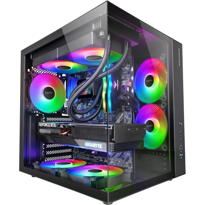 Mars Gaming MCV-One, Boîtier Gaming ATX, Double Verre Trempé Continu, Ventilateur FRGB 12cm, Structure à Double Chambre, Moyen-T