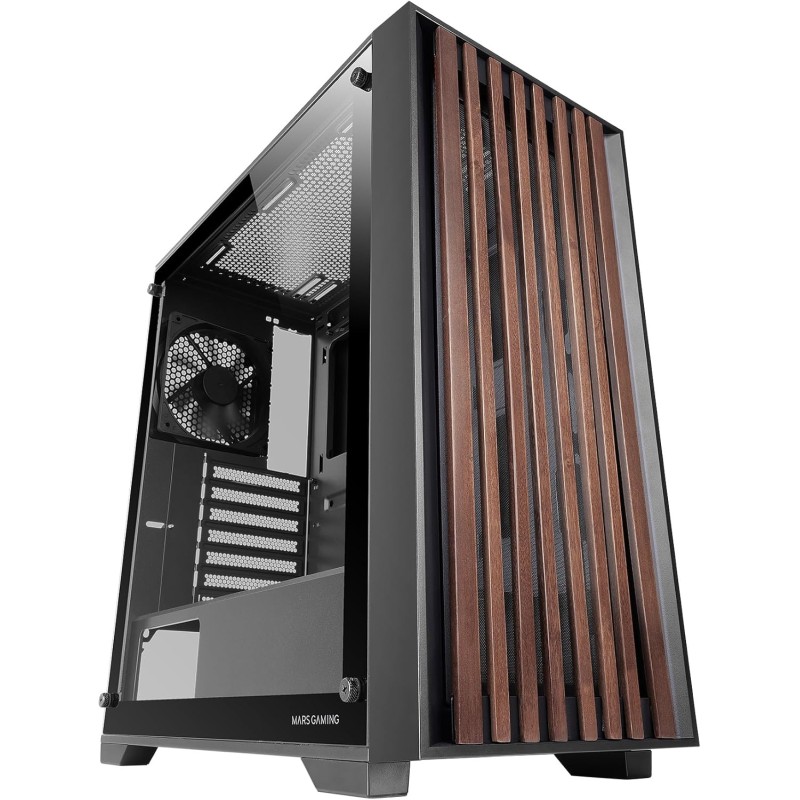 Mars Gaming MC-Wood, Boîtier PC ATX, Panneau Frontal en Bois, Fenêtre Latérale en Verre Trempé, Ventilateur FDB 120mm, Refroidis