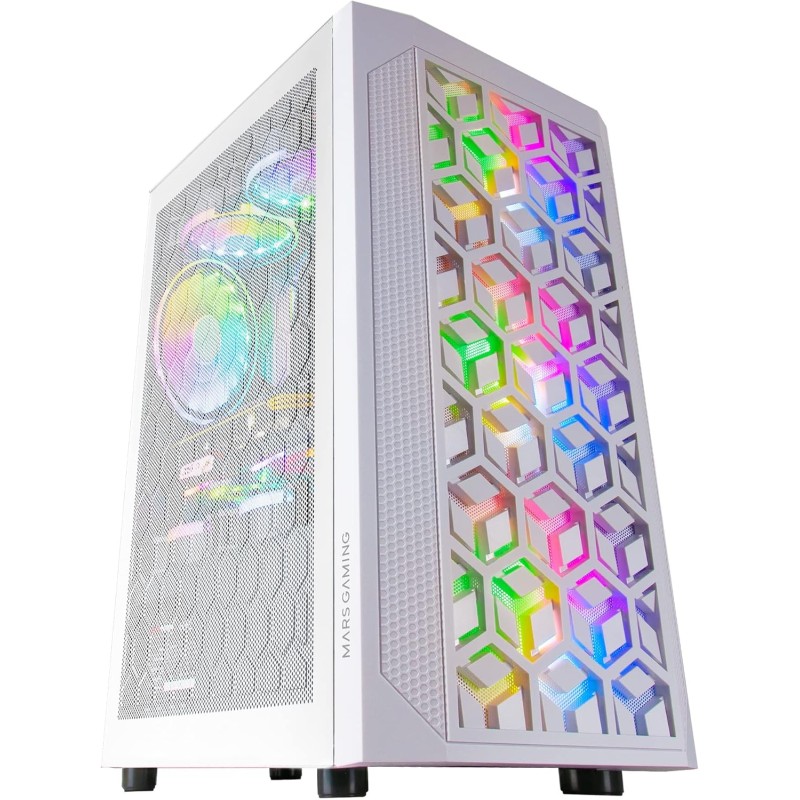 Mars Gaming MCMESHW, Boîtier Gaming Compact MicroATX, Panneau Avant Total Mesh, 3 Ventilateurs FRGB 120mm, Verre Trempé, Blanc