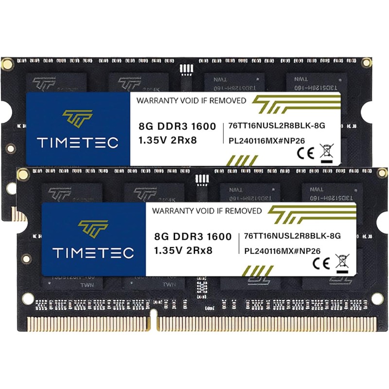 Timetec 16Go KIT(2x8Go) DDR3 / DDR3L 1600MHz PC3-12800 Non-ECC sans Tampon 1,35V/1,5V CL11 2Rx8 Double Rang 204 Broches SODIMM O
