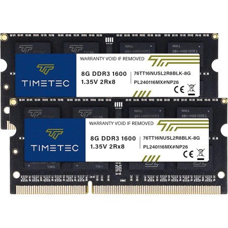Timetec 16Go KIT(2x8Go) DDR3 / DDR3L 1600MHz PC3-12800 Non-ECC sans Tampon 1,35V/1,5V CL11 2Rx8 Double Rang 204 Broches SODIMM O