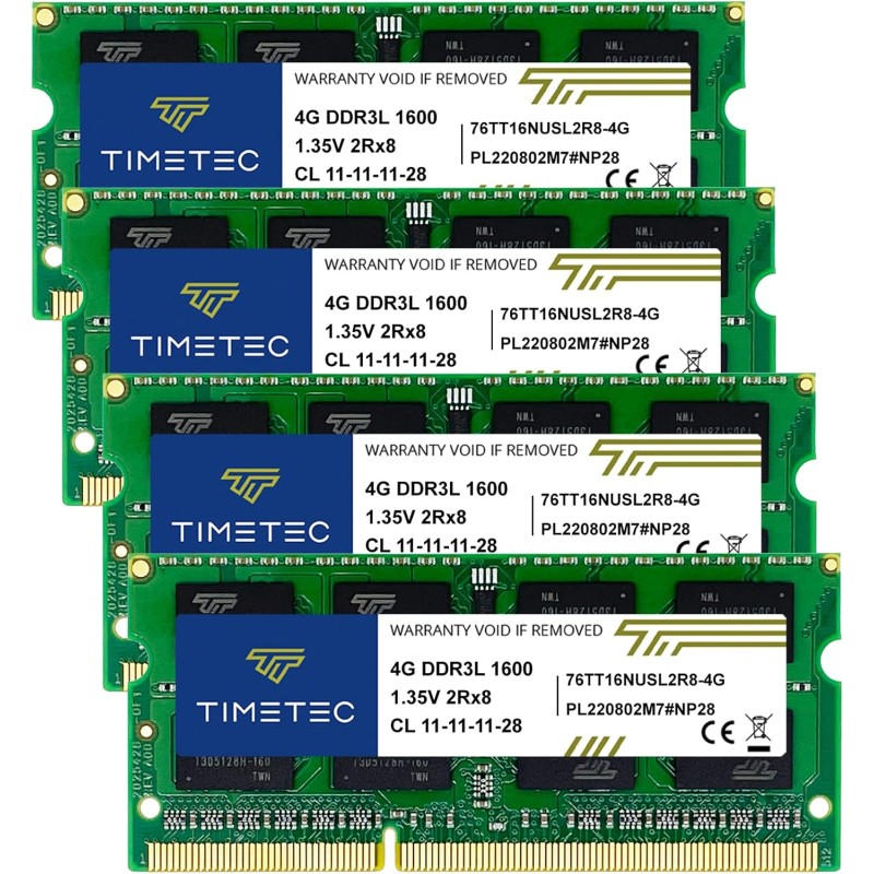Timetec 16 Go KIT (4x4Go)DDR3L/DDR3 1600MHz PC3-12800 Non-ECC sans tampon 1.35 V/1.5 V CL11 2Rx8 double rang 204 broches SODIMM 