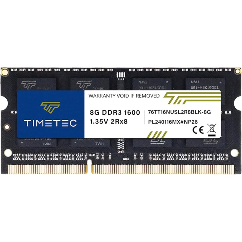 Timetec 8Go DDR3 / DDR3L 1600MHz PC3-12800 Non-ECC sans Tampon 1,35V/1,5V CL11 2Rx8 Double Rang 204 Broches SODIMM Ordinateur Po