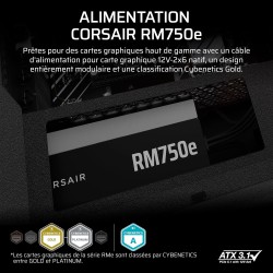 Corsair rm750e (2025) alimentation atx entièrement modulaire et silencieuse avec câble 12v-2x6 - compatible atx 3.1 et pcie 5.1,