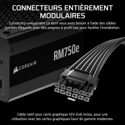 Corsair rm750e (2025) alimentation atx entièrement modulaire et silencieuse avec câble 12v-2x6 - compatible atx 3.1 et pcie 5.1,