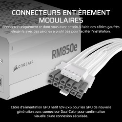 Corsair rm850e (2025) alimentation atx entièrement modulaire à faible bruit avec câble 12v-2x6 – compatible atx 3.1 et pcie 5.1,