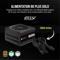 Corsair rm1000e (2023) alimentation atx entièrement modulaire et silencieuse - compatible atx 3.1 et pcie 5.1 - condensateurs à 