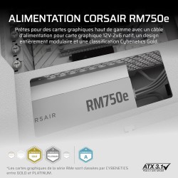 Corsair rm750e (2025) alimentation atx entièrement modulaire à faible bruit avec câble 12v-2x6 – compatible atx 3.1 et pcie 5.1,