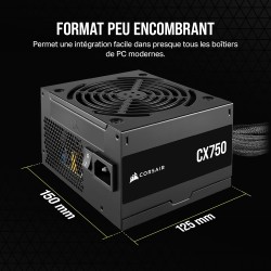 CORSAIR CX750 ATX 750W Alimentation - Certifiée 80 Plus Bronze - Faible Bruit - Câbles gainés - Non Modulaire - EU - Noir