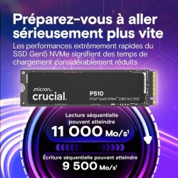 Crucial P510 SSD 1To PCIe 5.0 x4 NVMe M.2, Lecture jusqu'à 11.000 Mo/s, écriture jusqu'à 9.500 Mo/s, Compatible avec Ordinateur 