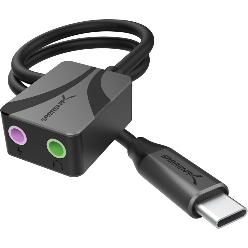 SABRENT Adaptateur USB C Jack 3.5 mm, Carte Son Externe Haute Résolution 24 Bits/96 KHz, Prise Jack USB C Double pour Micro et S