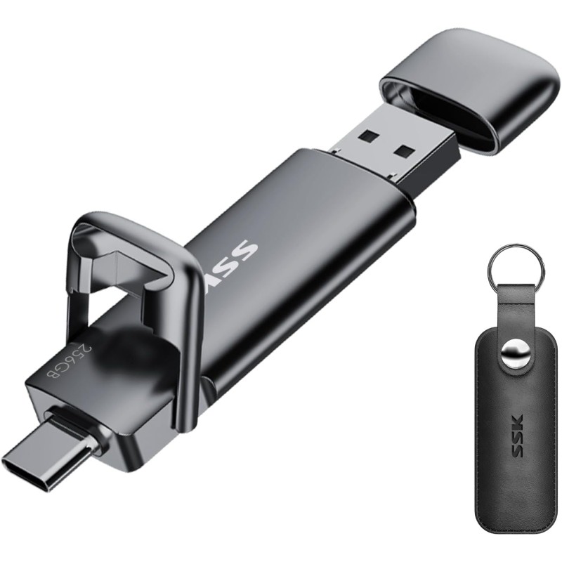 SSK SSD Externe 256GO Disque Portable SSD Cle USB 3.2 Gen 2 Jusqu'à 550 Mo/s, 2 en 1 OTG Solid State Drive 256 GO Double Clé USB
