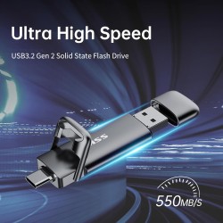 SSK SSD Externe 2To Disque Portable SSD Cle USB 3.2 Gen 2 Jusqu'à 550 Mo/s, 2 en 1 OTG Solid State Drive 2 to Double Clé USB A &