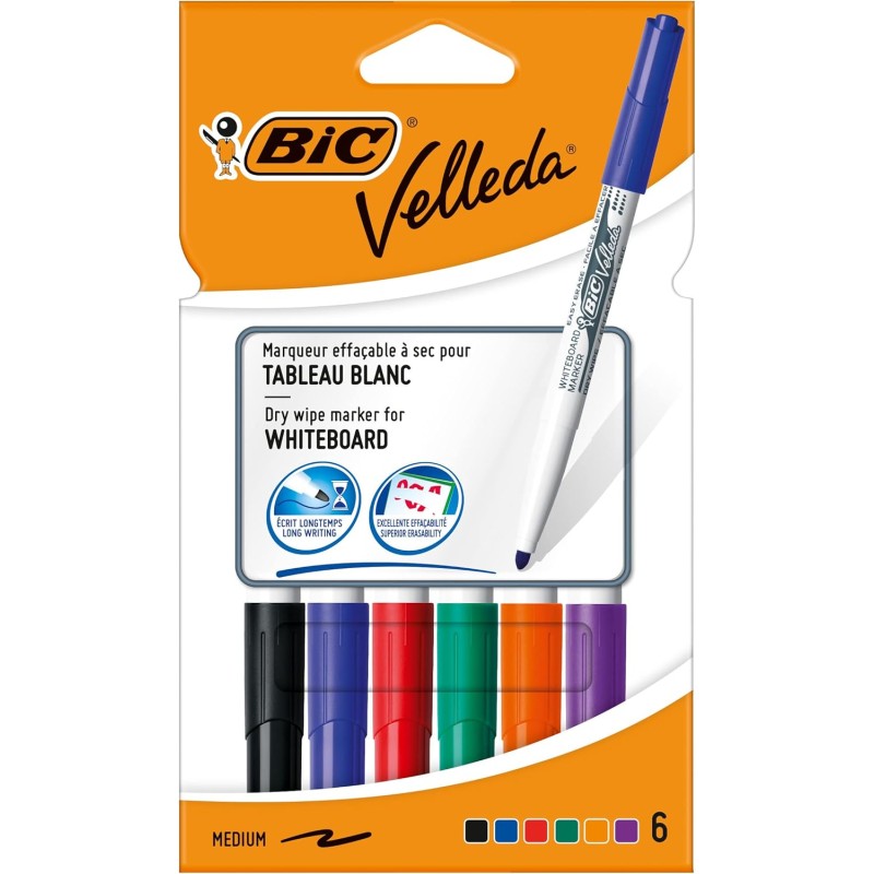 BIC Velleda 1741 Feutres pour Tableau Blanc Effaçables à Sec (Parfait pour l'Ecole et au Bureau / Pointe Conique Moyenne) - Coul
