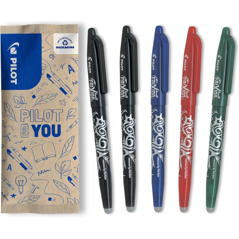 PILOT - Lot de 5 Frixion Ball - Stylo effaçable à encre thermosensible - Stylo roller rechargeable fabriqué à partir de plastiqu