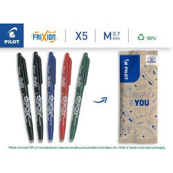 PILOT - Lot de 5 Frixion Ball - Stylo effaçable à encre thermosensible - Stylo roller rechargeable fabriqué à partir de plastiqu