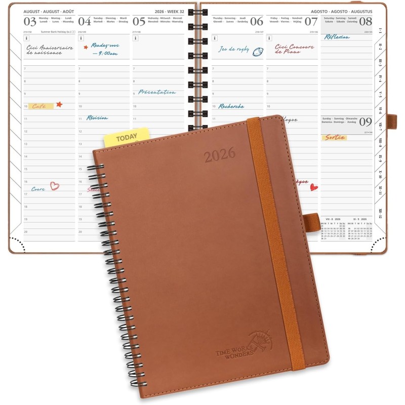 POPRUN Agenda 2026 Semainier 22 x 16,5 cm - Couverture Souple en PU Cuir Spirale, Vertical Planner, D'Jan 2026 à Déc 2026-12 Moi
