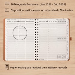 POPRUN Agenda 2026 Semainier Vertical 22 x 16,5 cm - Couverture rigide Spirale Écologique biodégradable, D'Jan 2026 à Déc 2026, 