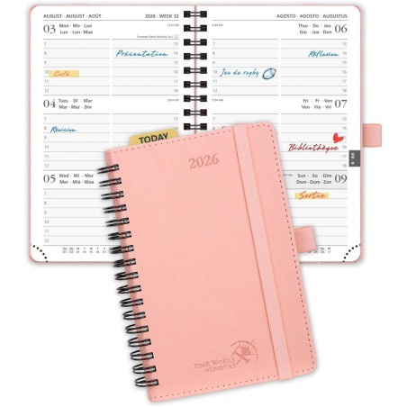 POPRUN Agenda Scolaire de Poche 2026 A6 Semainier 16 x 10,5 cm - Couverture Souple en PU Cuir Spirale, Petit Agenda, D'Jan 2026 