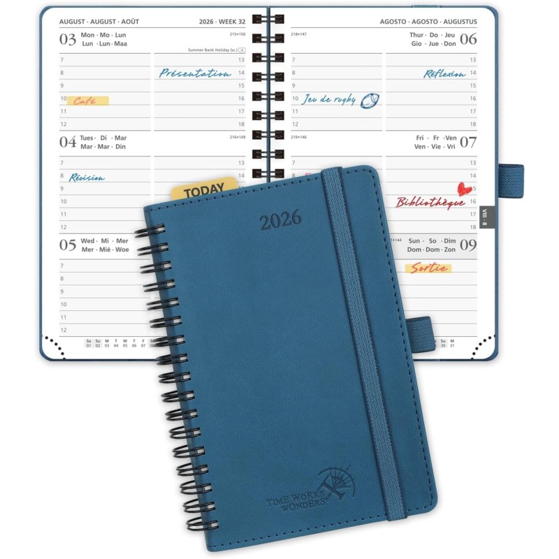 POPRUN Agenda de Poche 2026 A6 Semainier 16 x 10,5 cm - Couverture Souple en PU Cuir Spirale, Petit Agenda Scolaire, D'Jan 2026 