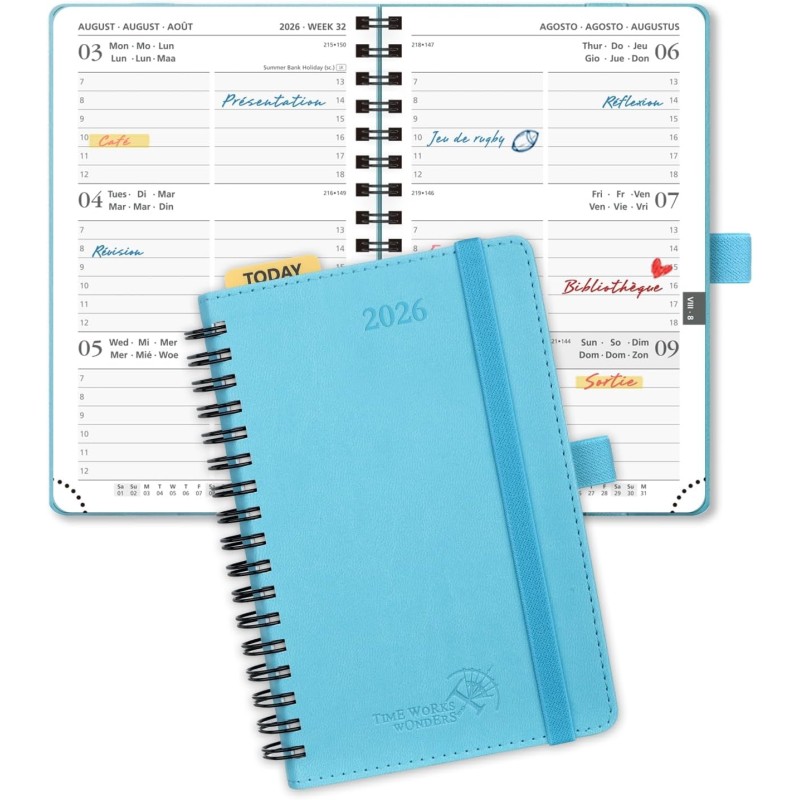 POPRUN Agenda de Poche 2026 A6 Semainier 16 x 10,5 cm - Couverture Souple en PU Cuir Spirale, Petit Agenda, D'Jan 2026 à Déc 202