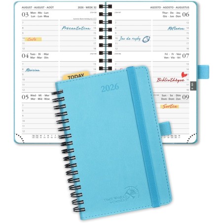 POPRUN Agenda de Poche 2026 A6 Semainier 16 x 10,5 cm - Couverture Souple en PU Cuir Spirale, Petit Agenda, D'Jan 2026 à Déc 202