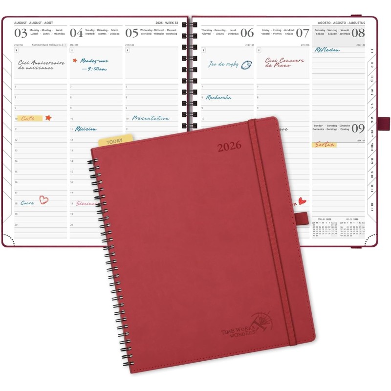 POPRUN Agenda 2026 Semainier 26,5 x 21,5 cm - Couverture Souple en PU Cuir Spirale, Vertical Planner, D'Jan 2026 à Déc 2026-12 M
