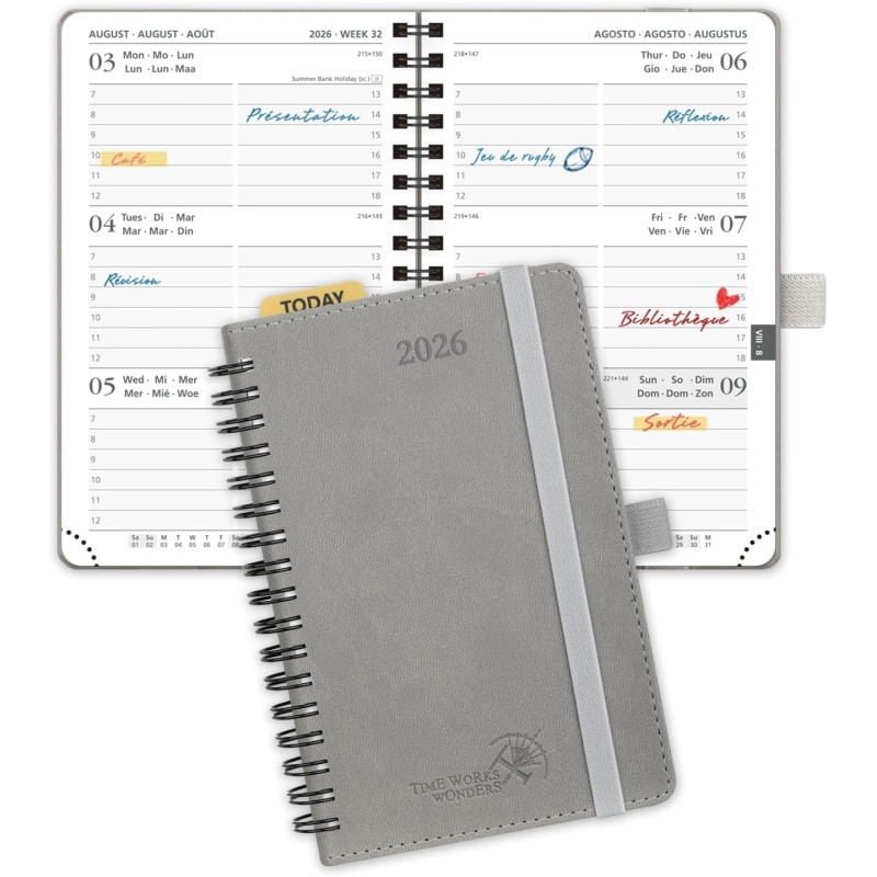 POPRUN Agenda de Poche 2026 A6 Semainier 16 x 10,5 cm - Couverture Souple en PU Cuir Spirale, Petit Agenda Scolaire, D'Jan 2026 