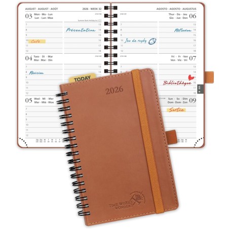 POPRUN Agenda de Poche 2026 A6 Semainier 16 x 10,5 cm - Couverture Souple en PU Cuir Spirale, Petit Agenda, D'Jan 2026 à Déc 202