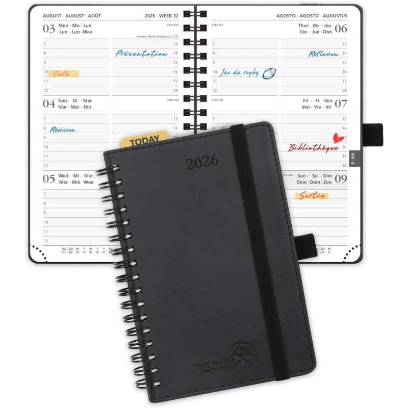 POPRUN Agenda de Poche 2026 A6 Semainier 16 x 10,5 cm - Couverture Souple en PU Cuir Spirale, Petit Agenda, D'Jan 2026 à Déc 202