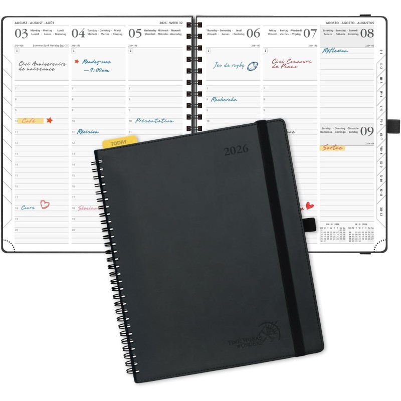 POPRUN Agenda 2026 Semainier 26,5 x 21,5 cm - Couverture Souple en PU Cuir Spirale, Vertical Planner, D'Jan 2026 à Déc 2026-12 M
