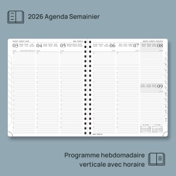 POPRUN Agenda 2026 Semainier 26,5 x 21,5 cm - Couverture Souple en PU Cuir Spirale, Vertical Planner, D'Jan 2026 à Déc 2026-12 M
