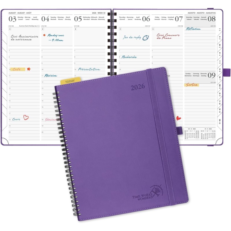 POPRUN Agenda Scolaire 2026 Semainier 26,5 x 21,5 cm - Couverture Souple en PU Cuir Spirale, Vertical Planner, D'Jan 2026 à Déc 