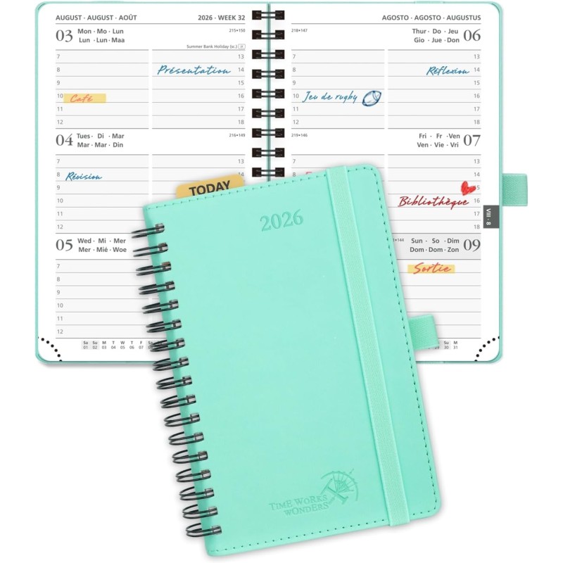 POPRUN Agenda de Poche 2026 A6 Semainier 16 x 10,5 cm - Couverture Souple en PU Cuir Spirale, Petit Agenda Scolaire, D'Jan 2026 